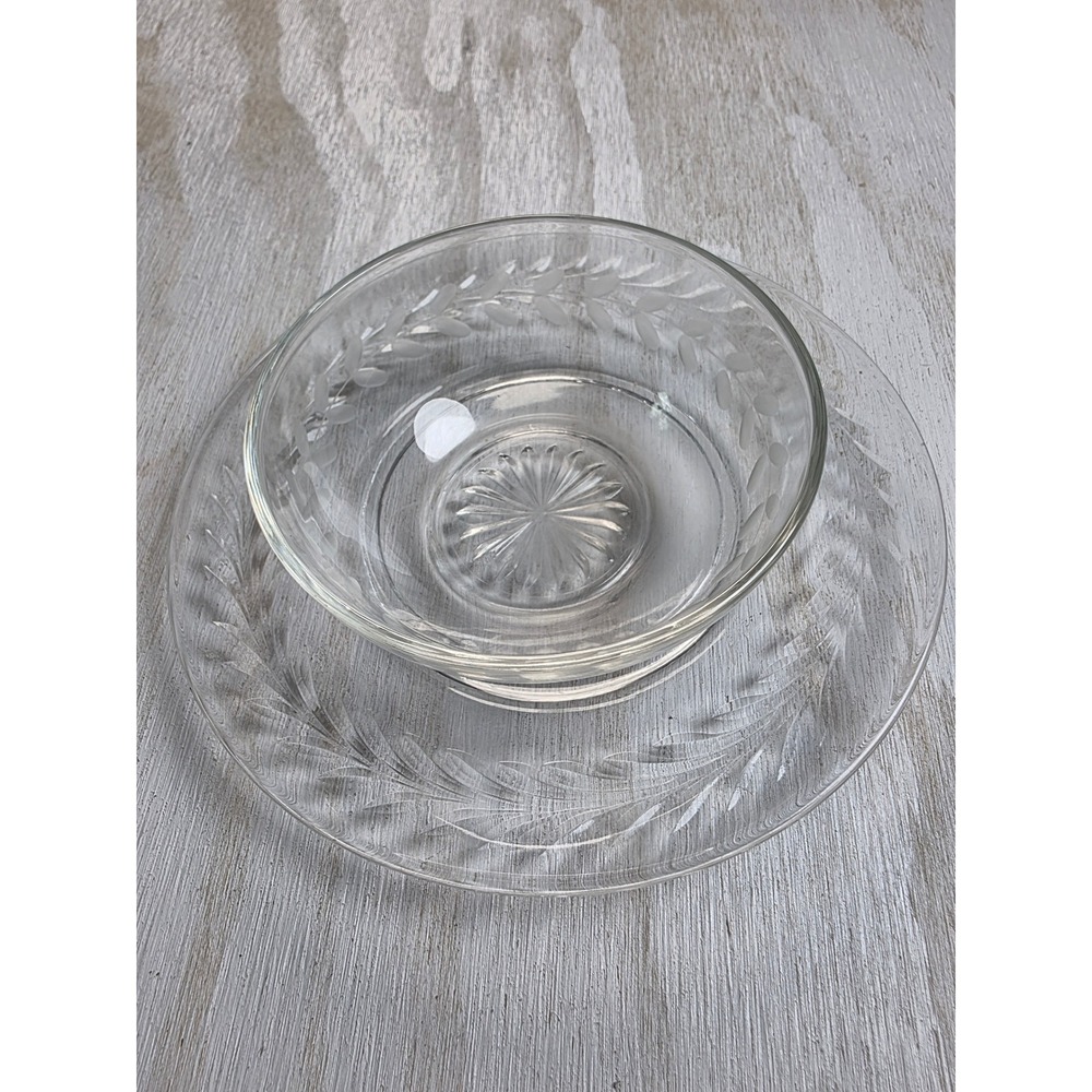 Vintage Etched Glass Berry Bowl and Saucer Set Laurel Leaf Sunburst Clear Glass
